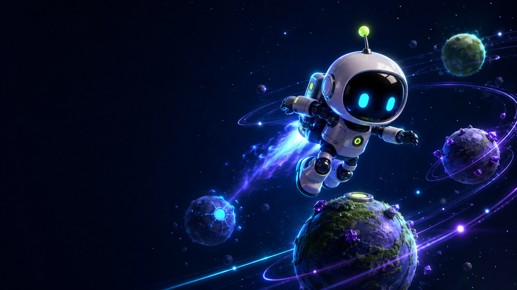 NIX, um robô astronauta de visor azul, voa entre pequenos planetas